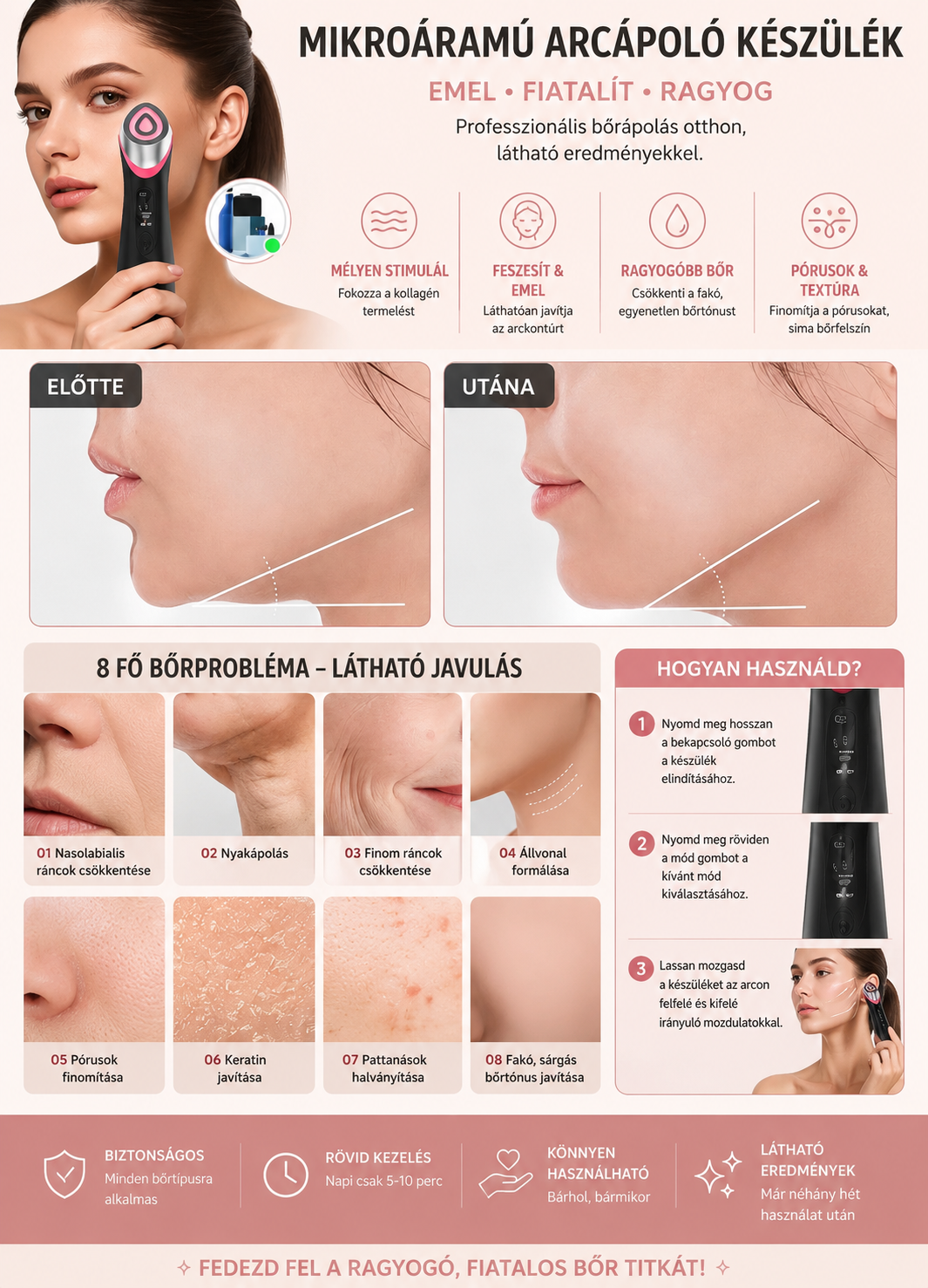 LUMÈRA SKIN — mikroáramú arcápoló készülék részletes infografika